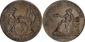 BOLIVIA. Literary Award Silver Medal, 1825. Potosi Mint. NGC MS-64.
cf. Fonrobert-9740 (for rev.) Diameter: 42mm. Obverse: Minerva seating left on dr...