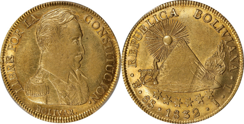 BOLIVIA. 8 Scudos, 1832-PTS JL. Potosi Mint. PCGS AU-58.
Fr-21; KM-99. Despite ...