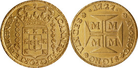 BRAZIL. 20000 Reis (Dobrao), 1727-M. Minas Gerais (Vila Rica) Mint. Joao V. PCGS MS-62.
Fr-33; KM-117. Nearly-Choice and supremely elegant, this shim...
