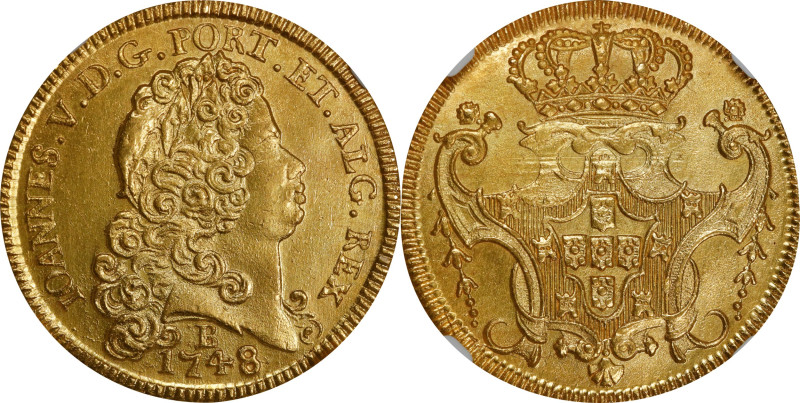 BRAZIL. 6400 Reis (Peca), 1748-B. Bahia Mint. Joao V. NGC Unc Details--Obverse C...