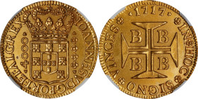 BRAZIL. 4000 Reis, 1717-B. Bahia Mint. Joao V. NGC Unc Details--Cleaned.
Fr-30; KM-106. Only displaying a minimal degree of cleaning, this otherwise ...