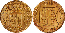 BRAZIL. 4000 Reis, 1719-B. Bahia Mint. Joao V. PCGS MS-62.
Fr-30; KM-106. The finer of just two seen at PCGS for the date and mint, this nearly-Choic...