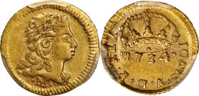 BRAZIL. 400 Reis (Cruzadinho), 1734-M. Minas Gerais (Vila Rica) Mint. Joao V. PCGS AU-55.
Fr-61; KM-145. Very lightly handled, this fractional gold i...