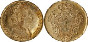BRAZIL. 6400 Reis (Peca), 1798-R. Rio de Janeiro Mint. Maria I. NGC MS-63.
Fr-87; KM-226.1. Exceedingly radiant and alluring, this Choice exemplar yi...