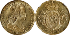 BRAZIL. 6400 Reis (Peca), 1808-R. Rio de Janeiro Mint. Joao as Prince Regent. NGC MS-62+.
Fr-93; KM-236.1. Extremely brilliant and provocative, this ...