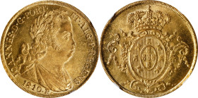 BRAZIL. 6400 Reis (Peca), 1810/09-R. Rio de Janeiro Mint. Joao as Prince Regent. NGC MS-64.
Fr-93; KM-236.1. Overdate variety. Yielding both a clear ...