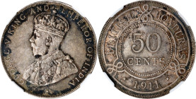 BRITISH HONDURAS. 50 Cents, 1911. London Mint. George V. NGC MS-62.
KM-18. Surpassed in the NGC census by just two examples, this enticing, nearly-Ch...