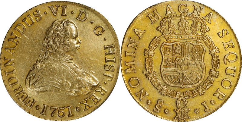 CHILE. 8 Escudos, 1751-So J. Santiago Mint. Ferdinand VI. PCGS AU-58.
Fr-5; KM-...