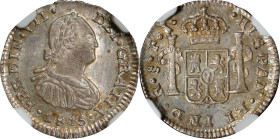 CHILE. 1/2 Real, 1815-So FJ. Santiago Mint. Ferdinand VII. NGC MS-63.
KM-64; Cal-459. Though bearing the name of the current Spanish monarch, Ferdina...