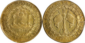 CHILE. 8 Escudos, 1821-So FD. Santiago Mint. PCGS AU-53.
Fr-33; KM-84. An ever-popular type featuring a radiant personification of the sun between tw...