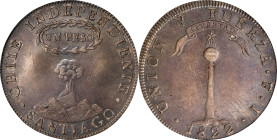 CHILE. Peso, 1822-SANTIAGO FI. Santiago Mint. PCGS AU-55
KM-82.2. Doused in a rich coating of mint brilliance, this lightly handled and supremely cha...