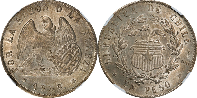 CHILE. Peso, 1858-So. Santiago Mint. NGC MS-63.
KM-129. The sole finest example...