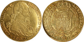 COLOMBIA. 8 Escudos, 1807-P JF. Popayan Mint. Charles IV. PCGS AU-58.
Fr-52; KM-62.2; Cal-1688. On the cusp of Mint State status, this delightfully c...