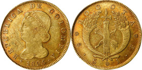 COLOMBIA. 8 Escudos, 1825-BOGOTA JF. Bogota Mint. PCGS AU-55.
KM-82.1; Fr-67. Despite some evidence of light handling, this example retains much lust...