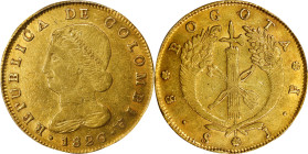 COLOMBIA. 8 Escudos, 1826-BOGOTA JF. Bogota Mint. PCGS AU-55.
KM-82.1; Fr-67. An elusive type, this example yields displays good luster and charming ...