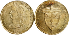 COLOMBIA. 16 Pesos, 1838-POPAYAN RU. Popayan Mint. PCGS AU-58.
Fr-75; KM-94.2. On the cusp of Mint State status, this enchanting specimen exhibits ju...