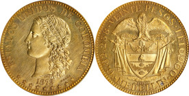 COLOMBIA. Gold 20 Pesos Essai (Pattern), 1873-MEDELLIN. Paris Mint. PCGS SPECIMEN-62.
KM-Pn49; Restrepo-72. By A. Barre. A type that is missing from ...