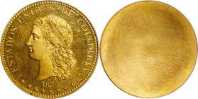COLOMBIA. Duo of Gilt Bronze Uniface 20 Pesos Essais (Patterns) (2 Pieces), 1873. Paris Mint. Both PCGS Certified.
Plain edge. By A. Barre. 1) Obvers...