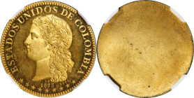 COLOMBIA. Duo of Gilt Bronze Uniface 10 Pesos Essais (Patterns) (2 Pieces), 1873. Paris Mint. Both NGC Certified.
Plain edge. By A. Barre. 1) Obverse...