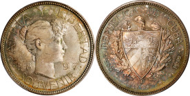 CUBA. Peso, 1897. Massachusetts (Gorham) Mint. PCGS MS-66.
KMX-M1. Souvenir type. Variety with wide date, "PAT 97" on truncation, and high star. Mint...