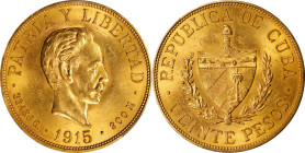 CUBA. 20 Pesos, 1915. Philadelphia Mint. PCGS MS-63.
Fr-1; KM-21. A wonderful Choice specimen, this example delivers a bold strike and soft luster wi...