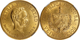 CUBA. 20 Pesos, 1915. Philadelphia Mint. NGC MS-60.
Fr-1; KM-21. A glistening Mint State example, this specimen offers a high degree of lustrous bril...