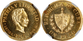 CUBA. Peso, 1915. Philadelphia Mint. NGC PROOF-66 Cameo.
Fr-7; KM-16. Mintage: 140. Featuring the bust of Jose Marti, this ever-popular and VERY RARE...