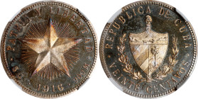 CUBA. 20 Centavos, 1916. Philadelphia Mint. NGC PROOF-64 Cameo.
KM-13.2. Mintage: 50. A VERY RARE and important date when encountered in proof, this ...