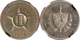 CUBA. 2 Centavos, 1915. Philadelphia Mint. NGC PROOF-66.
KM-A10. Mintage: 150. A RARE and desirable specimen, this radiant Gem presents a light, even...