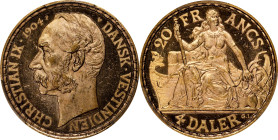 DANISH WEST INDIES. 4 Daler (20 Francs), 1904-P GJ. Copenhagen Mint; mm: heart. Christian IX. PCGS MS-64.
Fr-2; KM-72. A popular colonial issue featu...