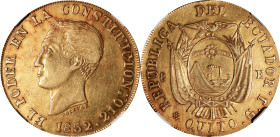 ECUADOR. 8 Escudos, 1852/0-QUITO GJ. Quito Mint. NGC AU Details--Cleaned.
Fr-8; KM-34.1. Overdate variety. Despite some minor cleaning as noted, this...