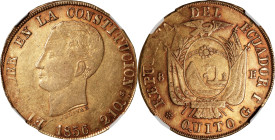 ECUADOR. 8 Escudos, 1856-QUITO GJ. Quito Mint. NGC AU-55.
Fr-8; KM-34.2. Some very light wear upon the higher points is noted, but this handsome and ...
