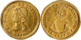 ECUADOR. Escudo, 1833-QUITO GJ. Quito Mint. PCGS AU-53.
Fr-2; KM-15. The far superior of just two seen at PCGS ( the other merely attaining a grade o...