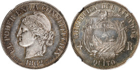 ECUADOR. 4 Reales, 1862-QUITO. Paris Mint. NGC PROOF-61.
KM-Pn7. A pleasingly toned example, this proof offers a good deal of mixed iridescence along...