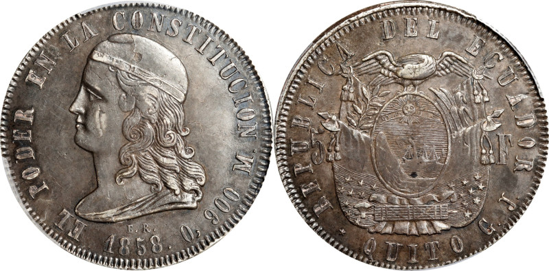 ECUADOR. 5 Francos, 1858-QUITO GJ. Quito Mint. PCGS AU-55.
KM-39. An enticing o...