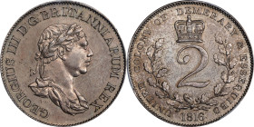 ESSEQUIBO & DEMERARY. 2 Guilders, 1816. London Mint. George III. PCGS AU-58.
KM-14; Prid-8. Mintage: 15,302. Not often encountered in more elevated s...
