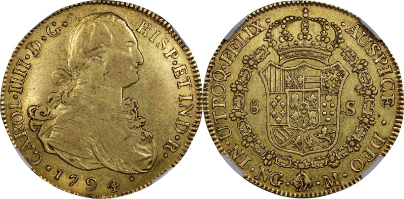 GUATEMALA. 8 Escudos, 1794-NG M. Nueva Guatemala Mint. Charles IV. NGC EF-40.
F...