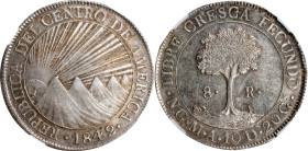 GUATEMALA. Central American Republic. 8 Reales, 1842/0-NG MA. Guatemala Mint. NGC MS-61.
KM-4. A tremendous crown, this well struck specimen delivers...