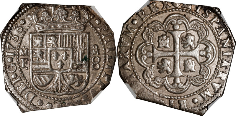 MEXICO. 8 Reales Klippe, 1733-Mo MF. Mexico City Mint. Philip V. NGC MS-62.
KM-...