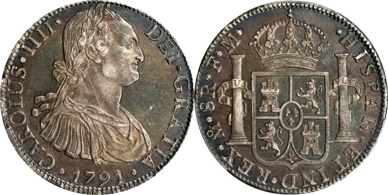 MEXICO. 8 Reales, 1791-Mo FM. Mexico City Mint. Charles IV. PCGS AU-58.
KM-109;...