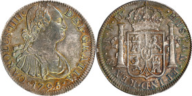 MEXICO. 8 Reales, 1795-Mo FM. Mexico City Mint. Charles IV. PCGS AU-58.
KM-109; Yonaka-M8-95. Vividly rainbow toned on both sides, the captivating co...