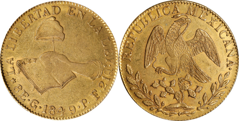 MEXICO. 8 Escudos, 1849-Go PF. Guanajuato Mint. PCGS AU-58.
Fr-72; KM-383.7. So...