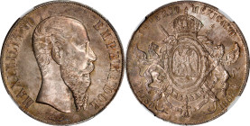 MEXICO. Peso, 1866-Mo. Mexico City Mint. Maximilian I. NGC MS-61.
KM-388.1. Presenting a steely gray backdrop to some darker toning with hints of bur...