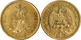 MEXICO. 20 Pesos, 1882/1-Mo M. Mexico City Mint. PCGS AU-58.
Fr-116; KM-414.6. Overdate variety. Mintage: 5,800. Displaying just some minor breaks to...