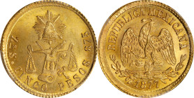 MEXICO. 5 Pesos, 1877-Zs S/A. Zacatecas Mint. PCGS MS-64+.
Fr-147; KM-412.7. Over assayer variety. Fully radiant and alluring, this stunning exemplar...