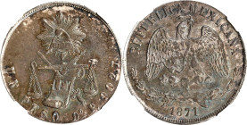 MEXICO. Peso, 1871-Do P. Durango Mint. NGC MS-63.
KM-408.2. A RARER date, especially when offered in such a state of preservation, this entrancingly ...