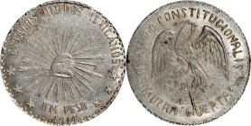 MEXICO. Durango. Cuencame. Peso, 1914. PCGS MS-62.
KM-620. Variety with six stars. "Muera Huerta" type. Steely gray and quite enchanting, this lightl...
