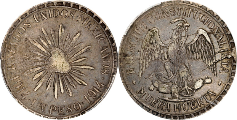 MEXICO. Durango. Cuencame. Peso, 1914. PCGS AU-50.
KM-621. The famed "Muera Hue...