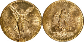 MEXICO. 50 Pesos, 1928. Mexico City Mint. PCGS MS-64.
Fr-172; KM-481. Extremely enchanting and vibrant, this delightful near-Gem presents a great lus...