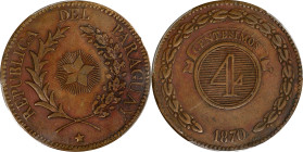 PARAGUAY. 4 Centesimos, 1870. Asuncion Mint. PCGS AU-50.
KM-4.2. Far RARER than the Birmingham issues, this Asuncion issue delivers a full strike and...
